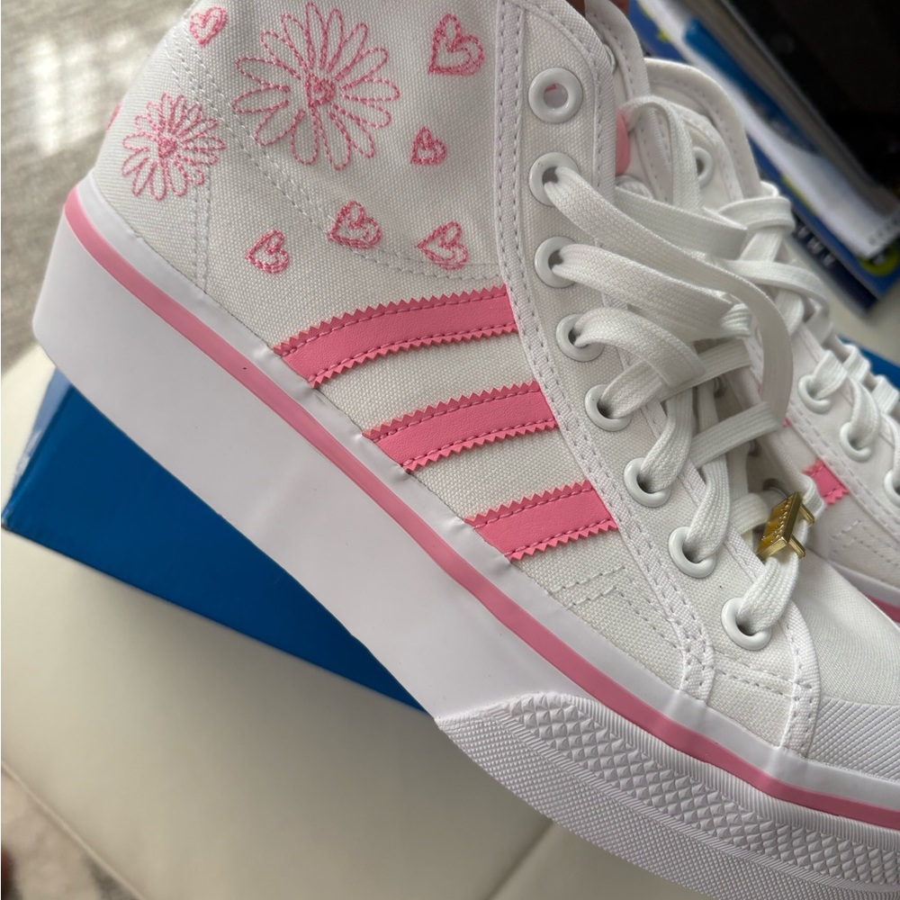 Adidas Kids White Sneakers with Pink Floral Accents